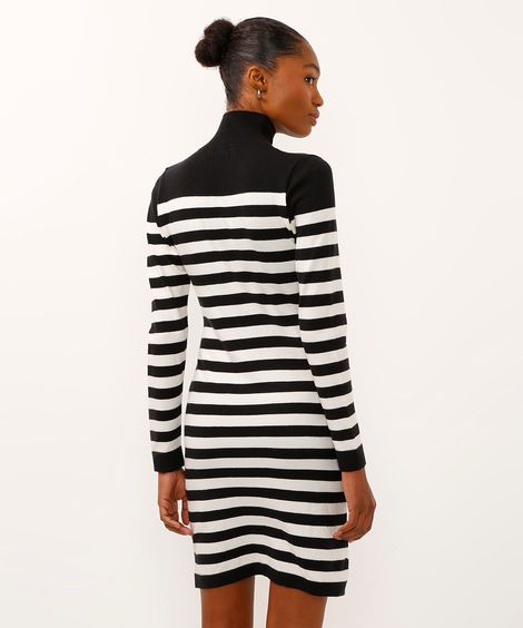 vestido curto de tricot gola alta manga longa listrado preto