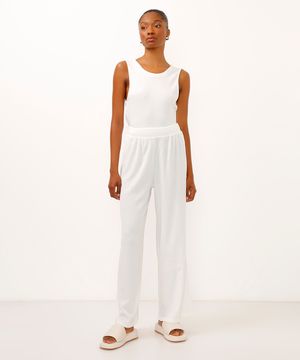 calça wide leg básica cintura alta com elástico off white