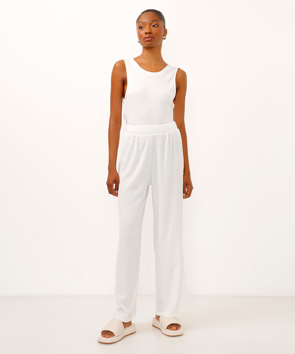 calça wide leg básica cintura alta com elástico off white