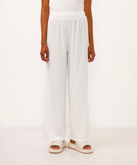calça wide leg básica cintura alta com elástico off white