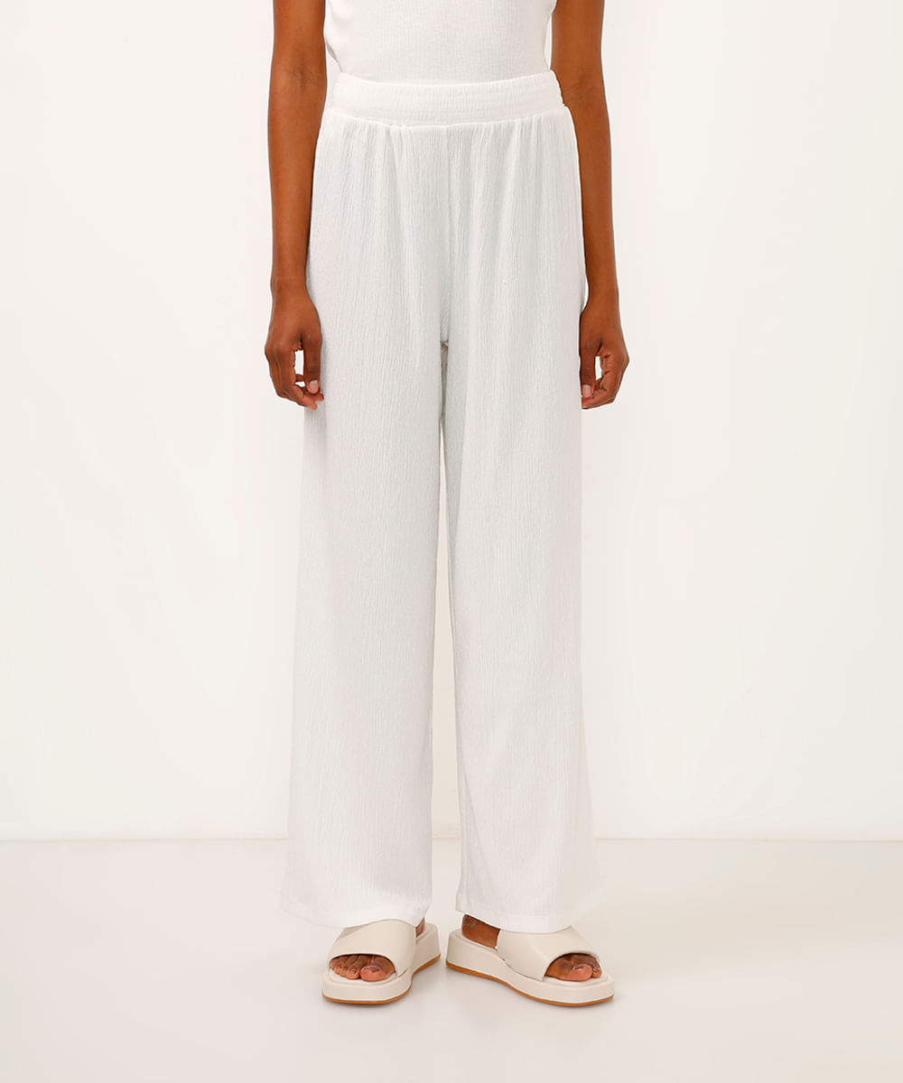 calça wide leg básica cintura alta com elástico off white