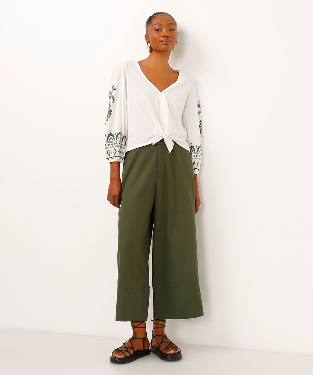 calça cropped com linho cintura alta verde