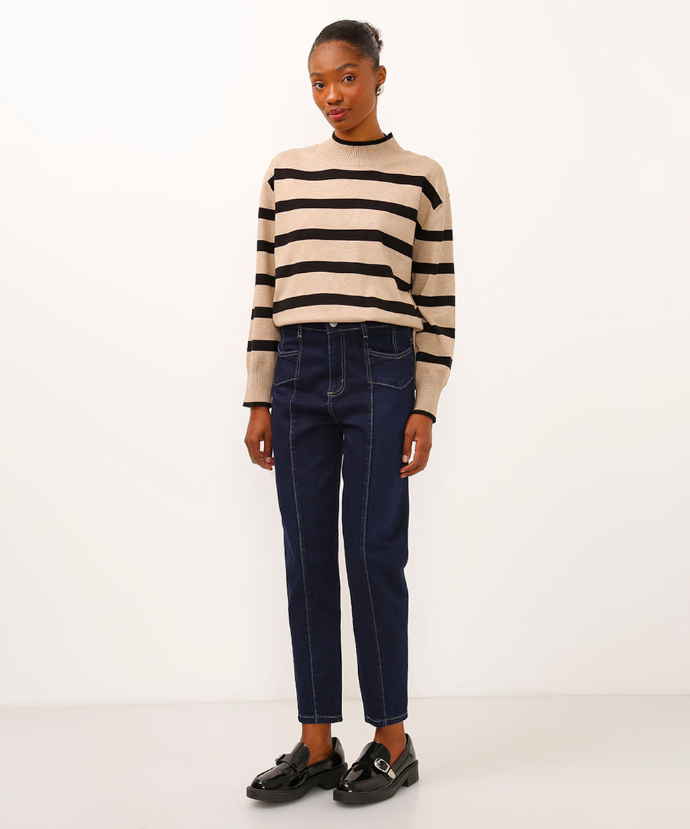 calça jeans mom com recortes cintura alta sawary azul