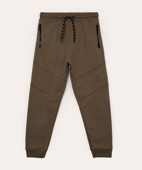 calça de moletom infantil com recorte e bolsos marrom