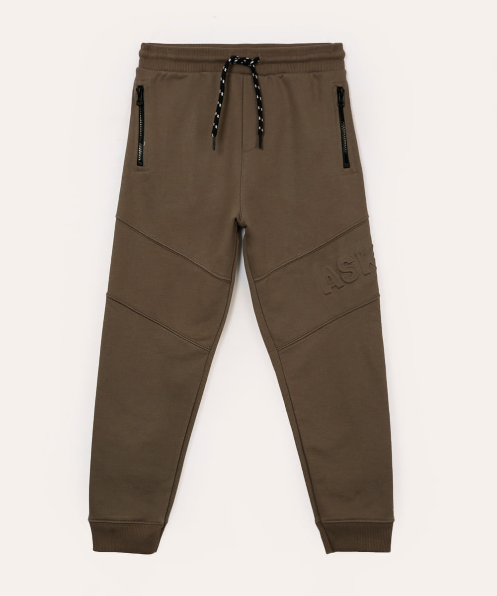 calça de moletom infantil com recorte e bolsos marrom