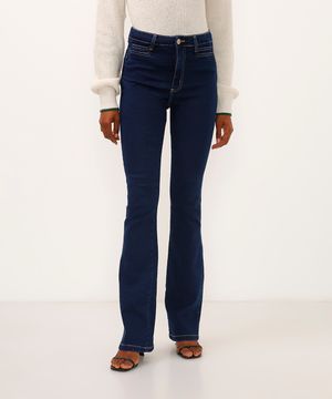 calça flare jeans cintura alta com recortes sawary azul