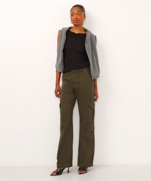 calça de sarja reta cargo cintura média verde