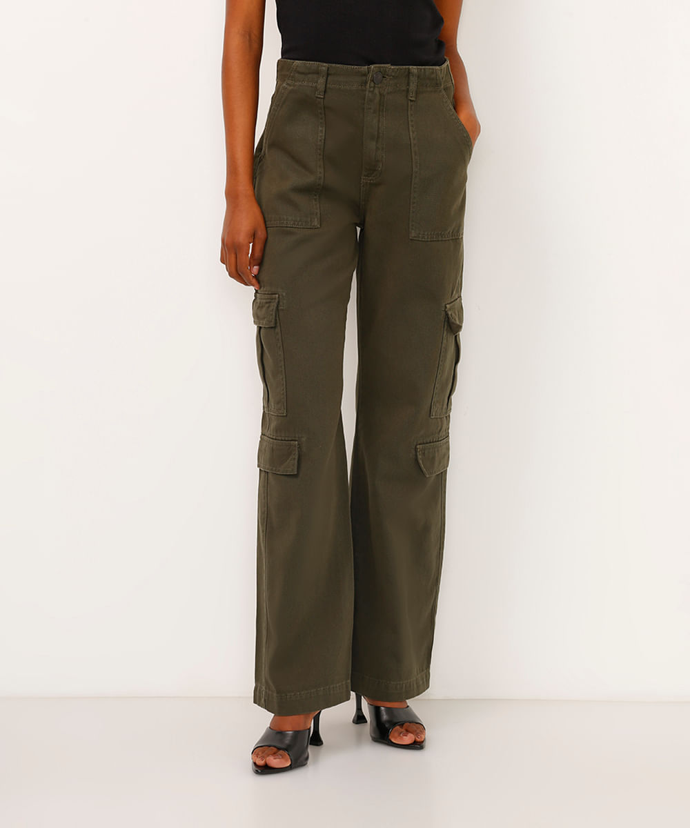 calça de sarja reta cargo cintura média verde