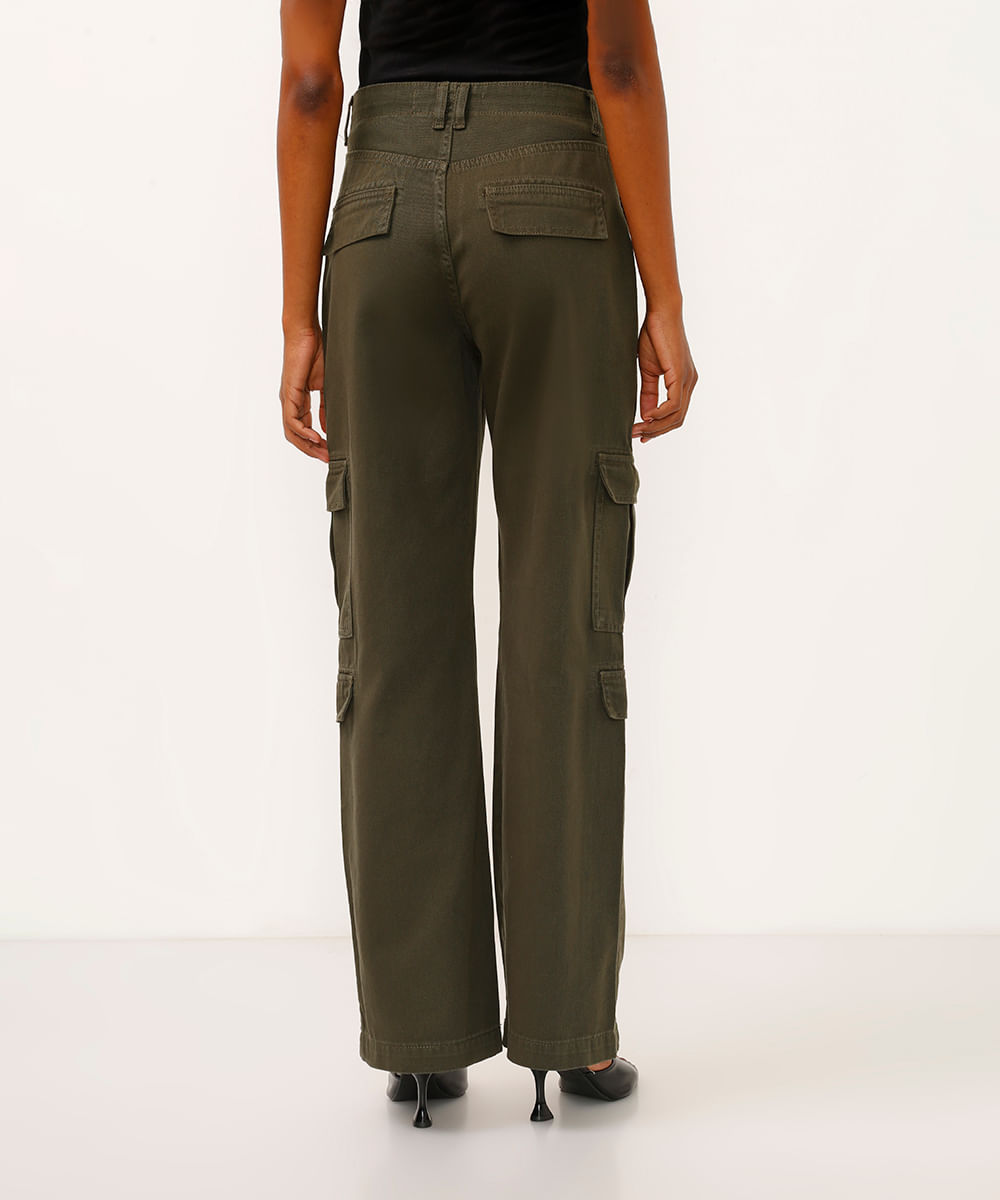 calça de sarja reta cargo cintura média verde