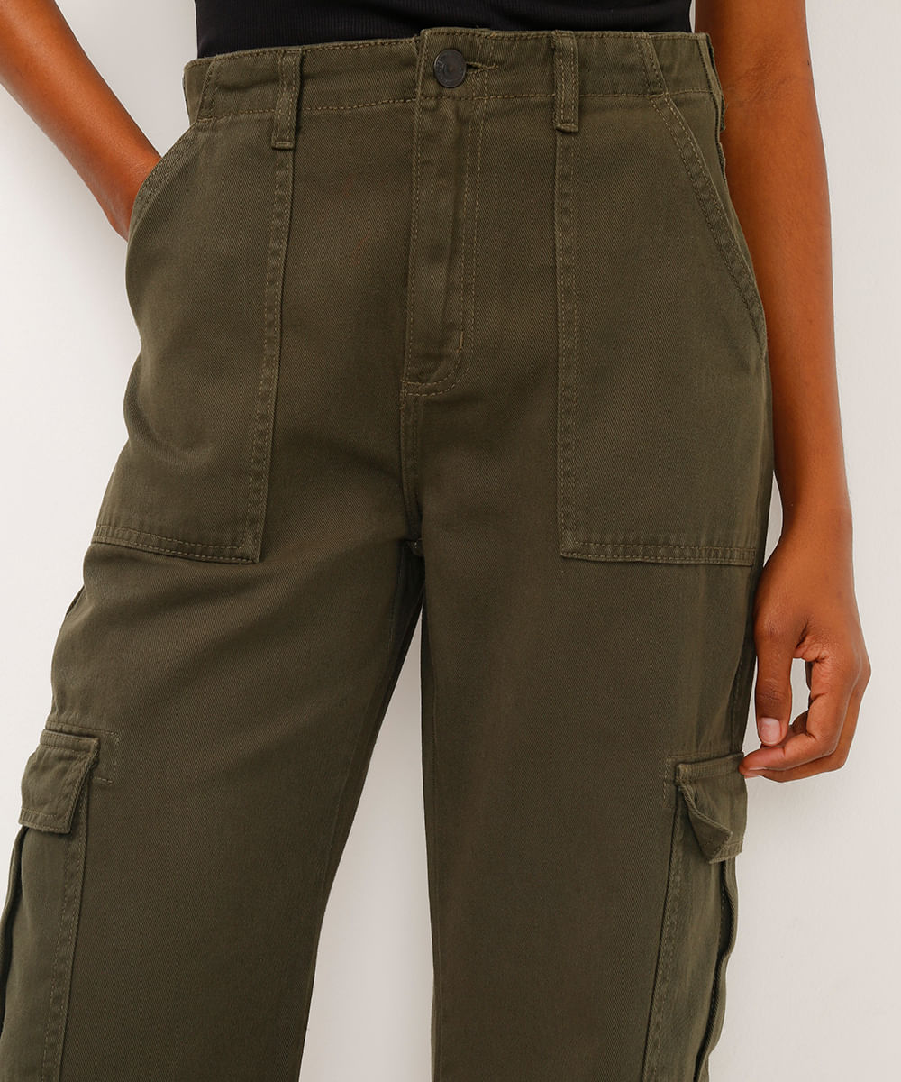 calça de sarja reta cargo cintura média verde