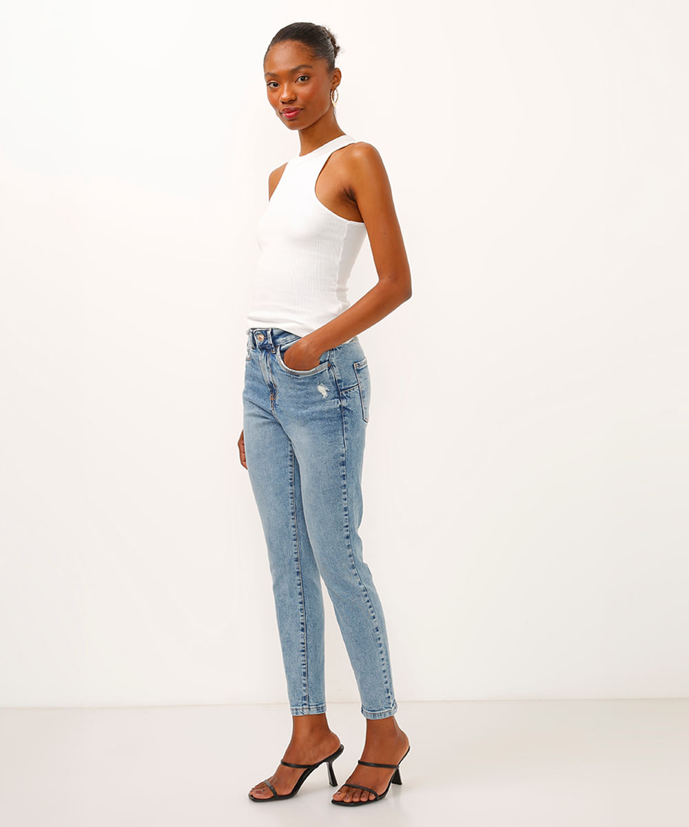 calça jeans super skinny cintura alta azul