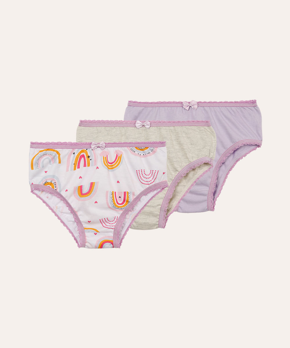 kit de 3 calcinhas de algodão infantil arco íris colorido