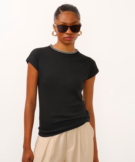 blusa de viscose canelada ponto tricot preta