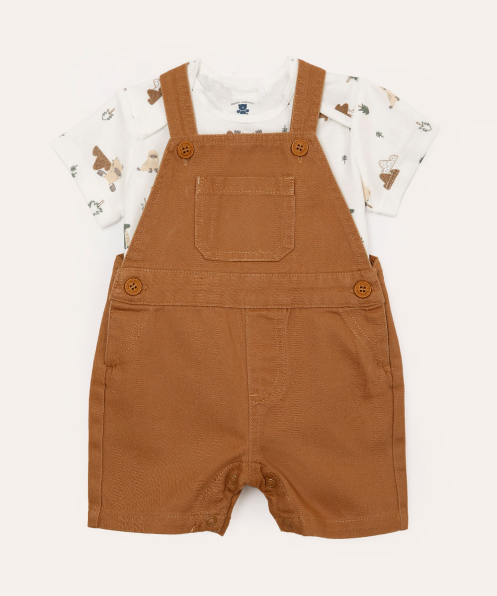 jardineira curta infantil e camiseta bichinhos bege