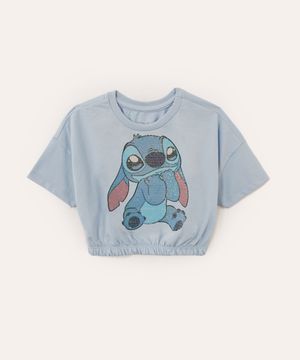 blusa de algodão infantil disney stitch com paetê manga curta azul