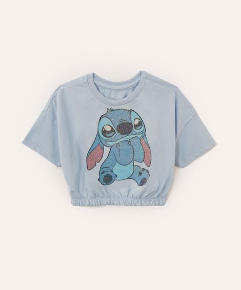 blusa de algodão infantil disney stitch com paetê manga curta rosa neon - azul claro