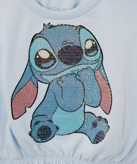 blusa de algodão infantil disney stitch com paetê manga curta rosa neon - azul claro
