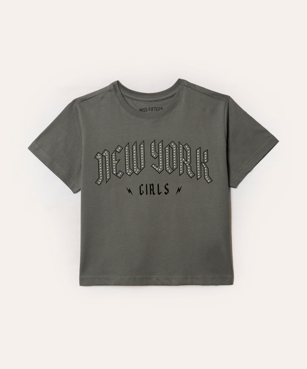 camiseta de algodão juvenil new york com pérolas cinza