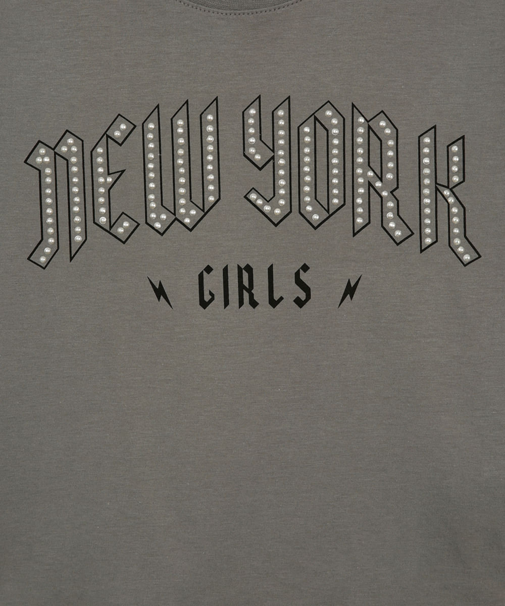 camiseta de algodão juvenil new york com pérolas cinza