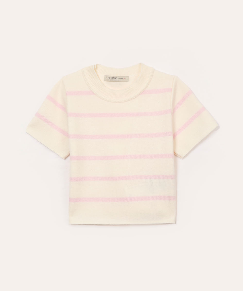 cropped de tricot infantil listrado - rosa claro