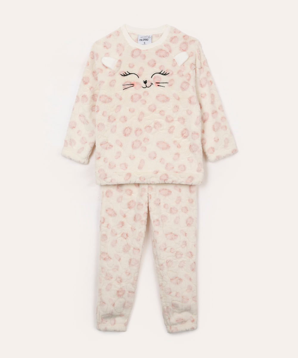 pijama longo infantil de pelúcia gatinho off white