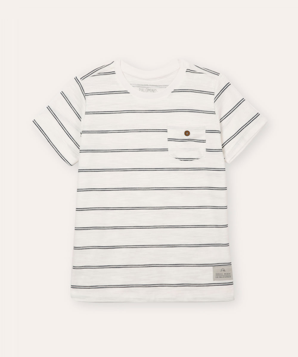 camiseta de algodão infantil com bolso listrada branca