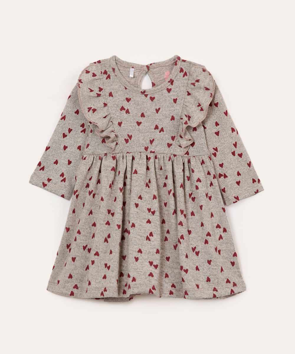 body vestido infantil manga longa babados e coração cinza