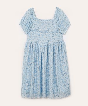 vestido midi infantil de tule floral azul