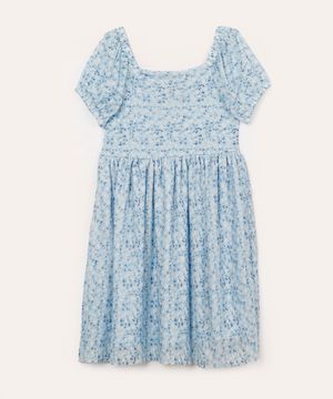 vestido midi infantil de tule floral azul