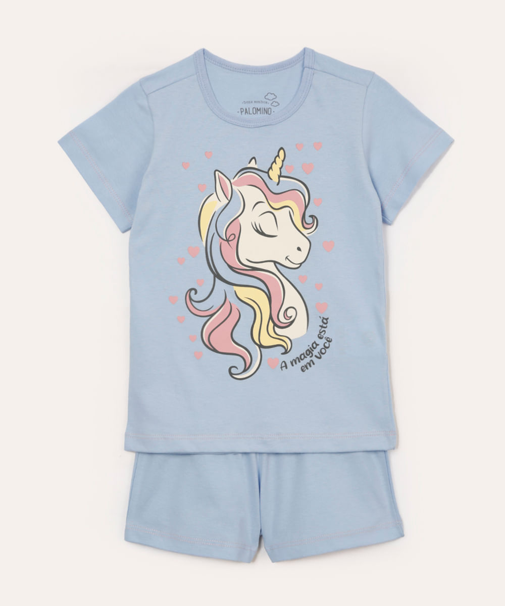 pijama curto infantil de algodão unicórnio azul