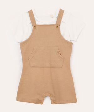 jardineira e camiseta infantil com bolso bege