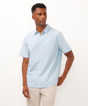 camisa comfort com linho manga curta azul