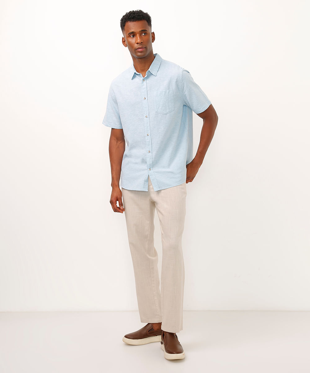 camisa comfort com linho manga curta - azul claro