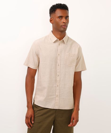 camisa comfort com linho manga curta - kaki escuro