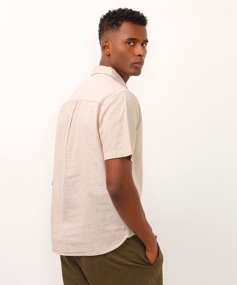 camisa comfort com linho manga curta - kaki escuro