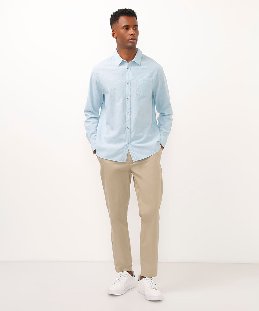 camisa comfort com linho manga longa azul