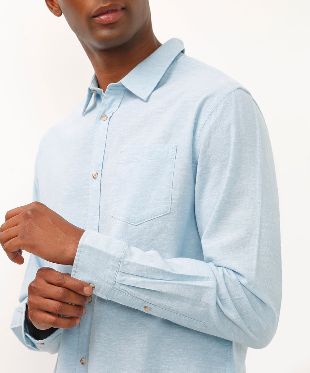 camisa comfort com linho manga longa azul