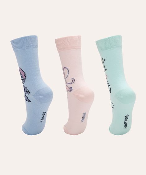 kit de 3 meias cano longo infantil angel e stitch colorida