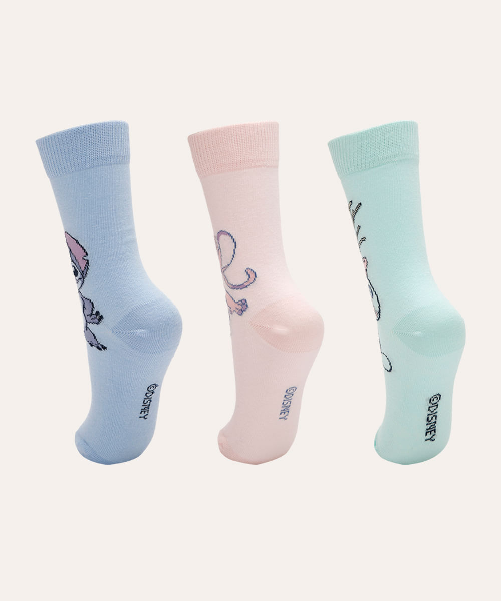 kit de 3 meias cano longo infantil angel e stitch colorida