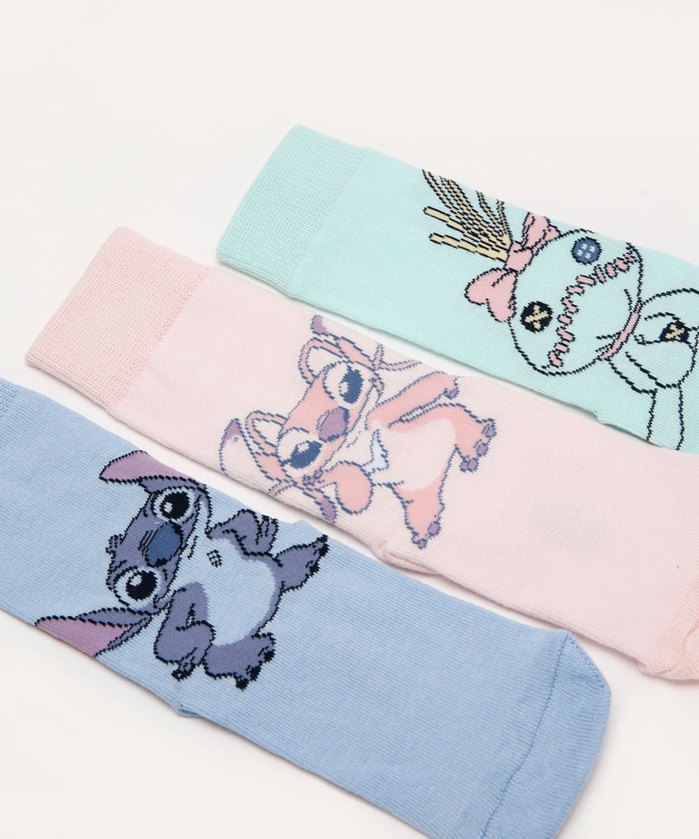 kit de 3 meias cano longo infantil angel e stitch colorida