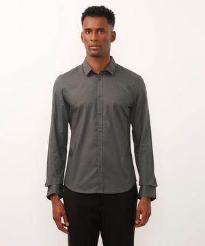camisa de algodão slim poá manga longa cinza