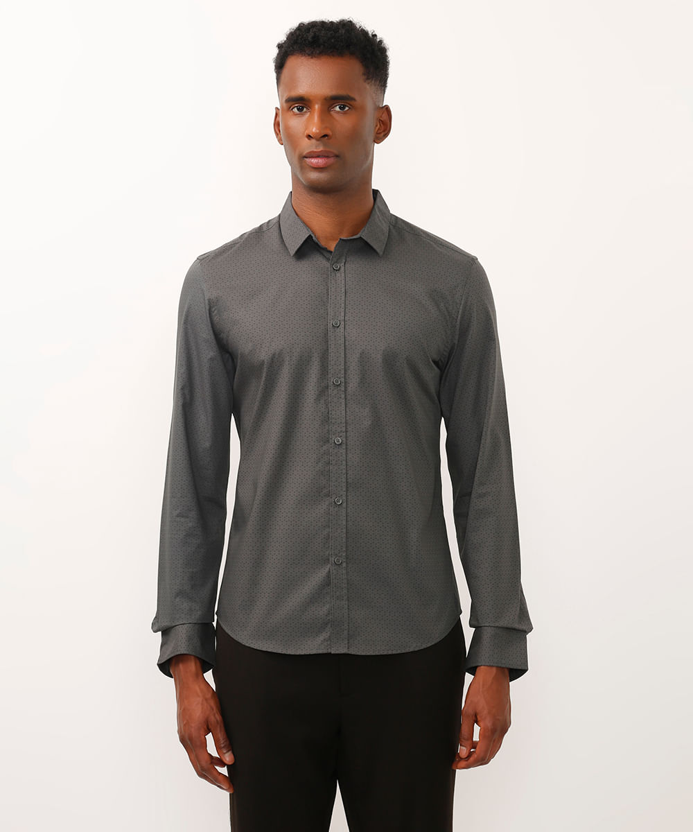 camisa de algodão slim poá manga longa cinza