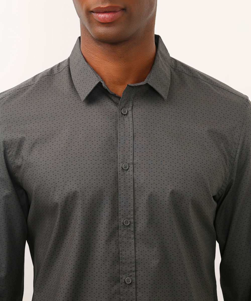 camisa de algodão slim poá manga longa cinza