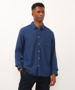 camisa comfort de algodão manga longa com bolso azul