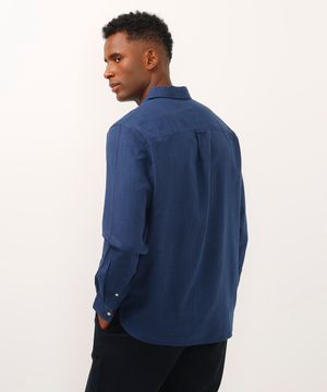 camisa comfort de algodão manga longa com bolso azul