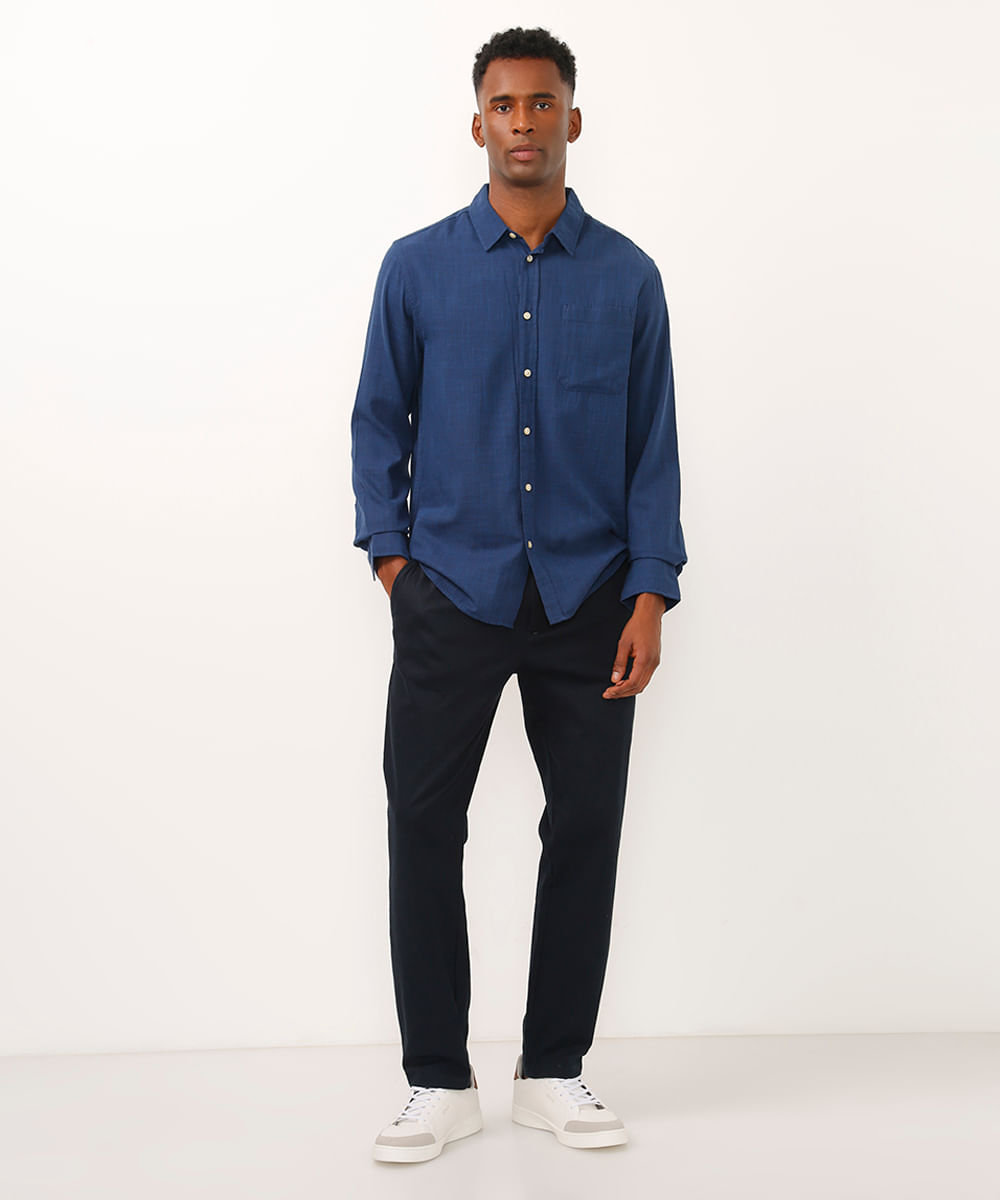 camisa comfort de algodão manga longa com bolso azul