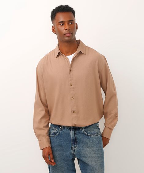 camisa relaxed com linho manga longa marrom