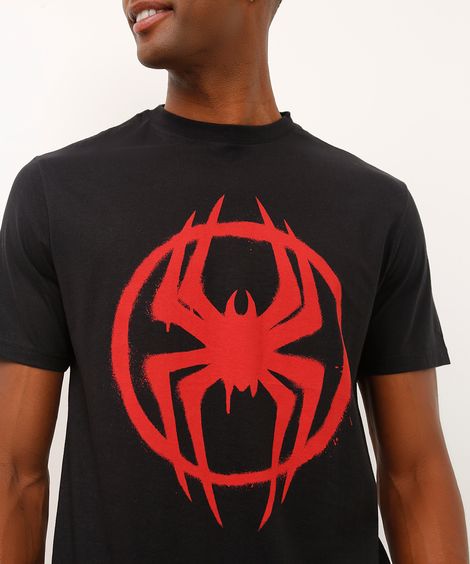 camiseta fit de algodão manga curta homem aranha preta