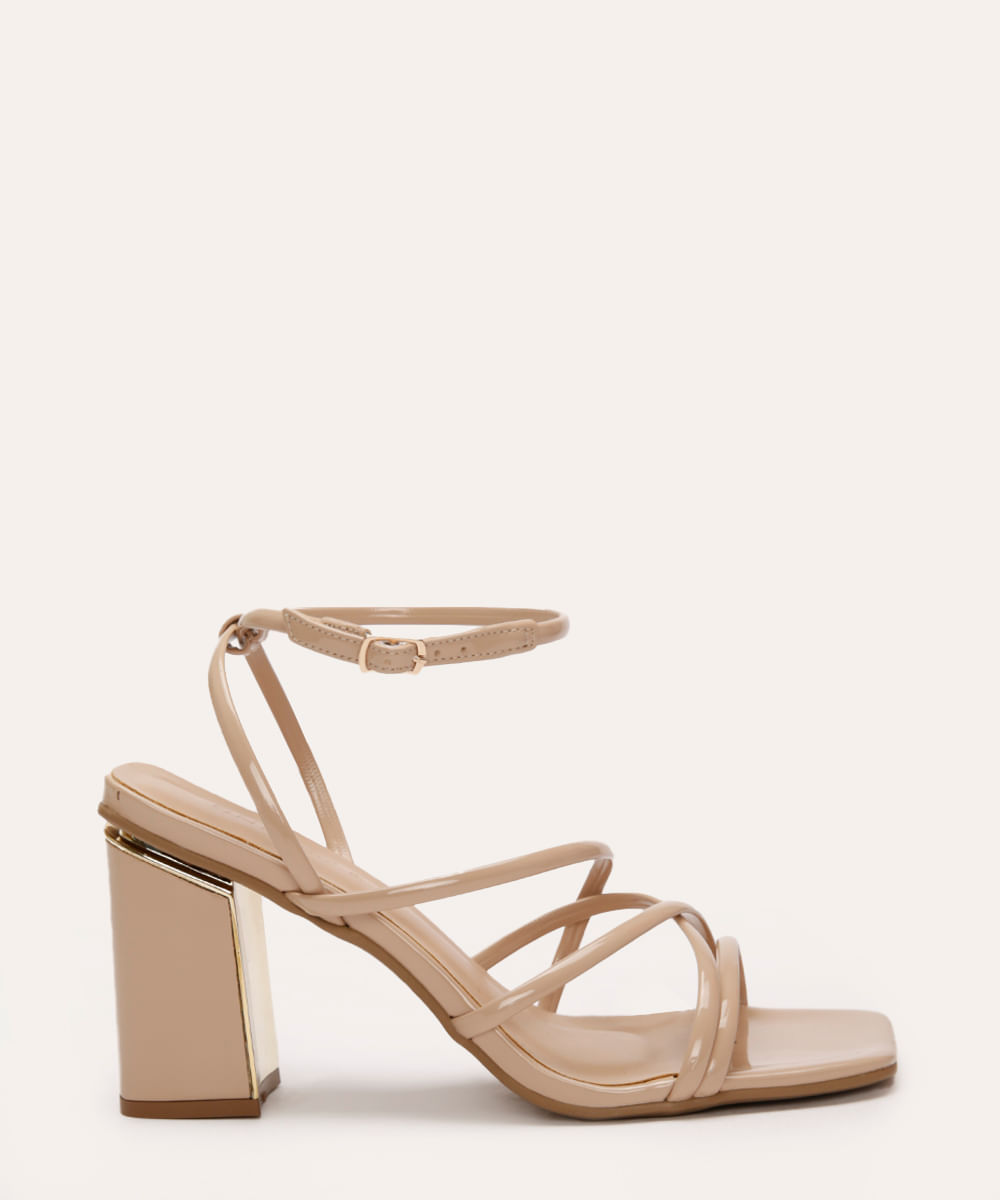 sandália salto alto bloco metalizado oneself bege