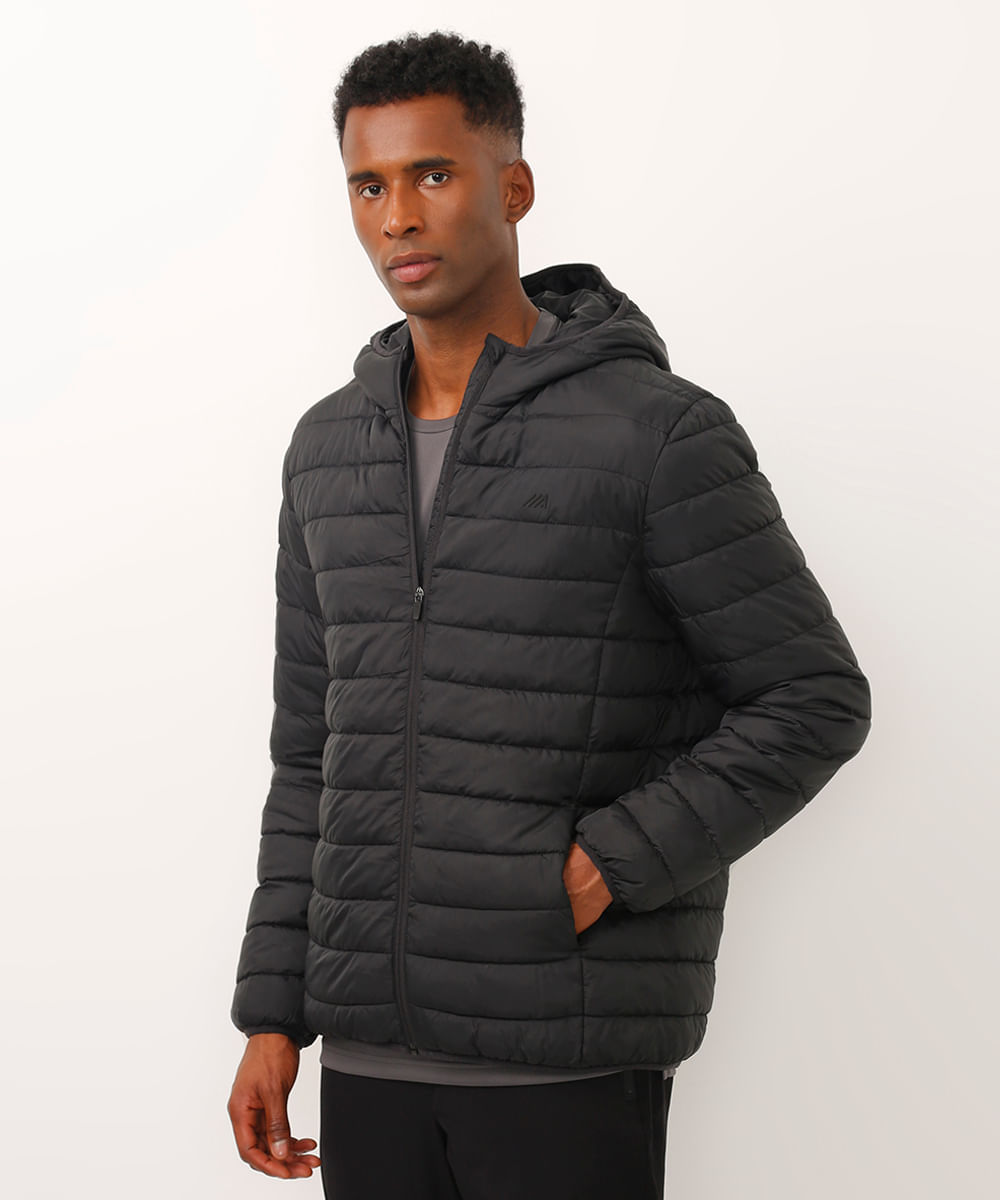 jaqueta puffer com capuz esportiva preta
